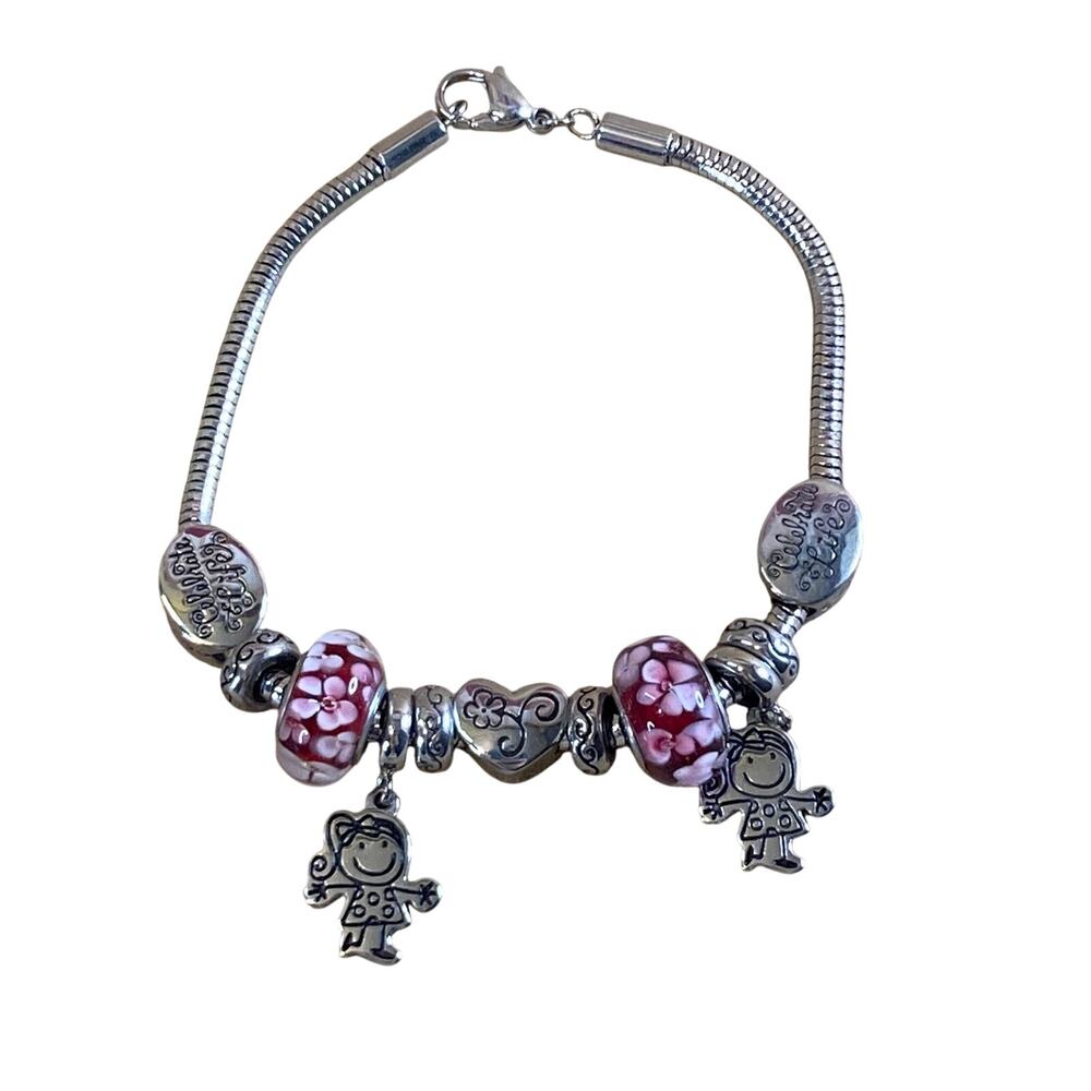Celebrate Life Charm Bracelet w/Girl & Heart Charms and Floral Glass Beads EUC